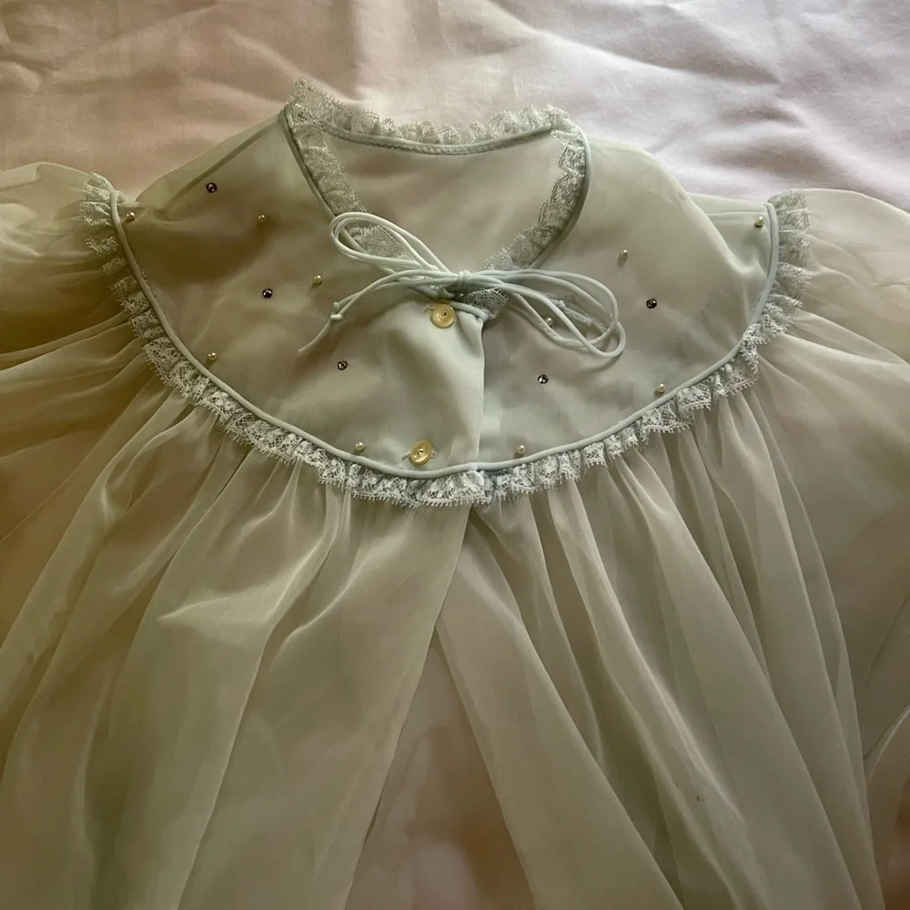 vintage lace puff sleeve embellished slip dress and coverup - Picture 9 of 10
